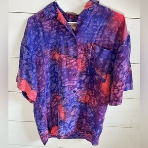 Vintage Canary Island Collection Tie-Dye Button-Up 100% Silk Shirt